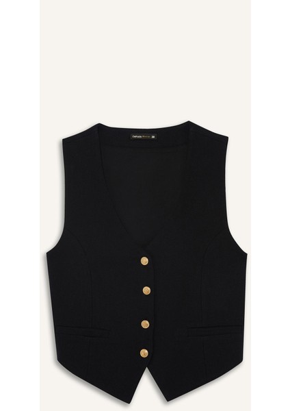 Crop V Yaka Keten Karışımlı Blazer Siyah Yelek C7798AX25SM indirimleri