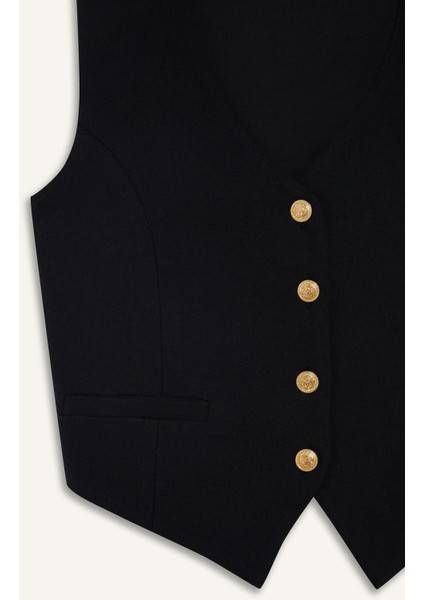 Crop V Yaka Keten Karışımlı Blazer Siyah Yelek C7798AX25SM