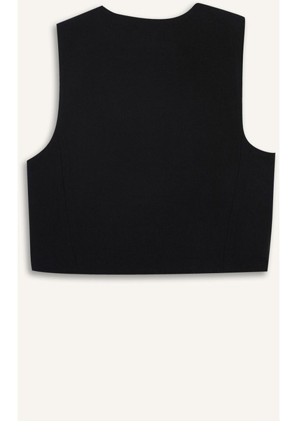 Crop V Yaka Keten Karışımlı Blazer Siyah Yelek C7798AX25SM