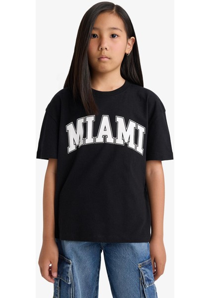 Kız Çocuk Relax Fit Bisiklet Yaka Baskılı Kısa Kollu Tişört E6492A825AU