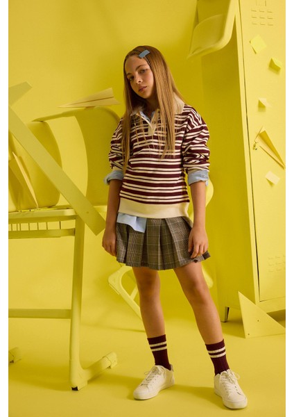 Kız Çocuk Relax Fit Polo Yaka Çizgili Uzun Kollu Okul Tişörtü F8399A825AU fiyatları