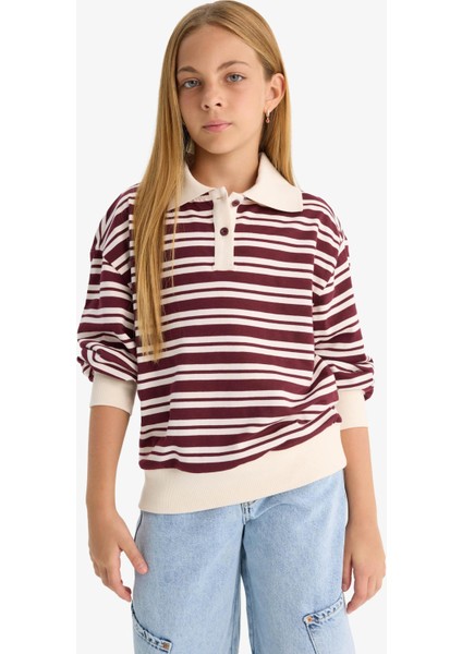Kız Çocuk Relax Fit Polo Yaka Çizgili Uzun Kollu Okul Tişörtü F8399A825AU modelleri