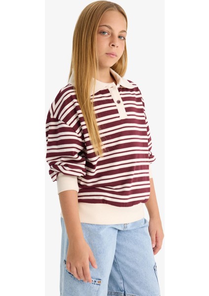 Kız Çocuk Relax Fit Polo Yaka Çizgili Uzun Kollu Okul Tişörtü F8399A825AU indirimleri