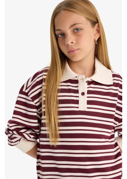 Kız Çocuk Relax Fit Polo Yaka Çizgili Uzun Kollu Okul Tişörtü F8399A825AU
