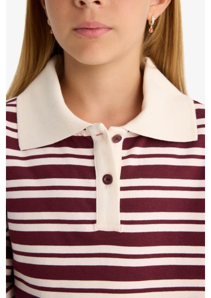 Kız Çocuk Relax Fit Polo Yaka Çizgili Uzun Kollu Okul Tişörtü F8399A825AU
