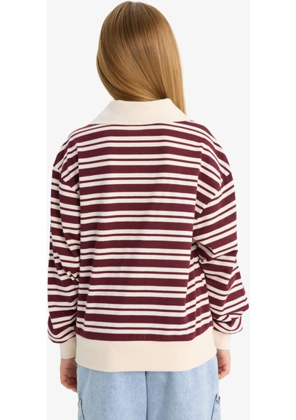 Kız Çocuk Relax Fit Polo Yaka Çizgili Uzun Kollu Okul Tişörtü F8399A825AU