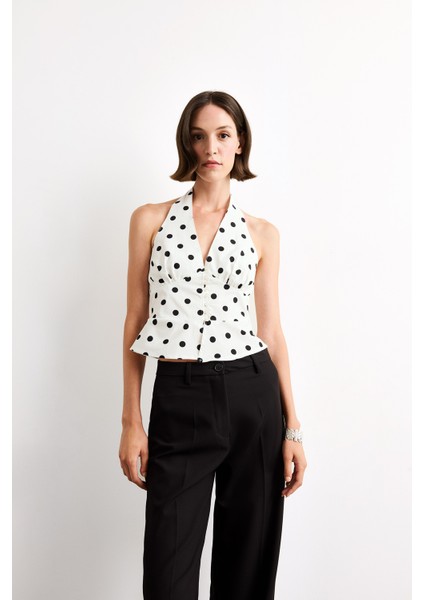 Fitted Boyundan Bağlamalı Puantiyeli Poplin Kolsuz Bluz F8228AX25AU