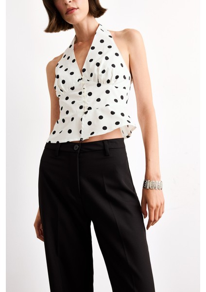 Fitted Boyundan Bağlamalı Puantiyeli Poplin Kolsuz Bluz F8228AX25AU