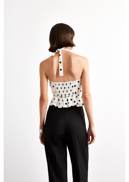 Fitted Boyundan Bağlamalı Puantiyeli Poplin Kolsuz Bluz F8228AX25AU