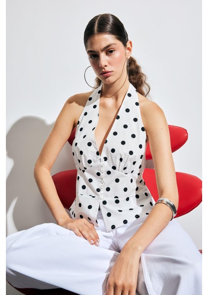 Fitted Boyundan Bağlamalı Puantiyeli Poplin Kolsuz Bluz F8228AX25AU