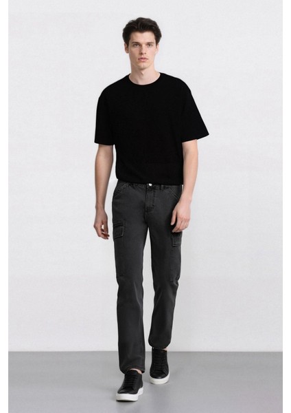 %100 Pamuk Relax Fit Rahat Kesim Düz Paça Kargo Cepli Jean Pantolon F2372AX25SP