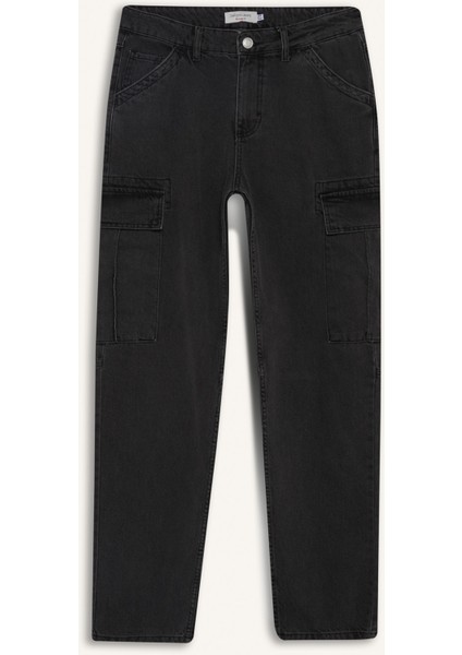 %100 Pamuk Relax Fit Rahat Kesim Düz Paça Kargo Cepli Jean Pantolon F2372AX25SP