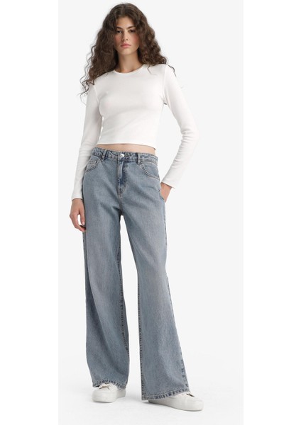 Straight Wide Yüksek Bel Uzun Jean Yıkamalı Pantolon E9126AX25AU