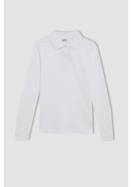 Kız Çocuk Polo Yaka Basic Düz Pike Uzun Kollu Okul Tişörtü J0010A625AU