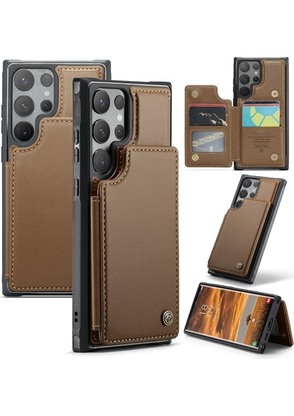 Samsung Galaxy S24 Ultra Cep Telefonu Kılıfı Için Parlak Rfıd Engelleme 5 Kart Yuvası Kapak-Kahverengi (Yurt Dışından)