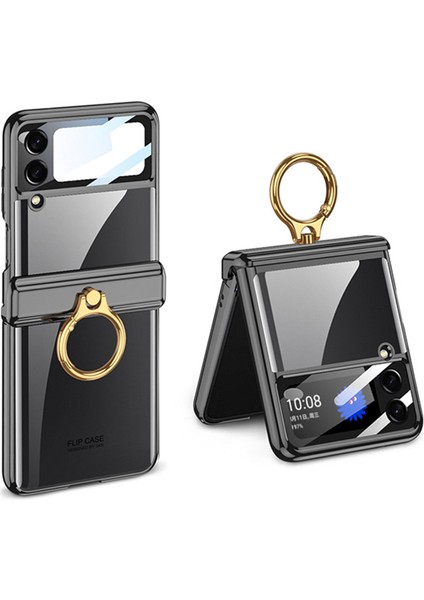 Samsung Galaxy Z Flip4 5g Halka Kickstand Pc Telefon Kılıfı Manyetik Menteşe Anti-Damla Kapak Temperli Cam Küçük Ekran Film-Siyah (Yurt Dışından)