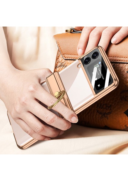 Samsung Galaxy Z Flip4 5g Halka Kickstand Pc Telefon Kılıfı Manyetik Menteşe Anti-Damla Kapak Temperli Cam Küçük Ekran Film-Siyah (Yurt Dışından) modelleri