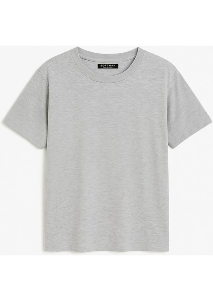 Unisex Oversize Bisiklet Yaka %100 Organik Pamuklu Basic T-Shirt – Gri Melanj