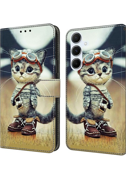 Samsung Galaxy A55 5g Kılıf Desen Baskı Anti-Drop Deri Cüzdan Telefon Kapağı-Yaramaz Kedi Için (Yurt Dışından)