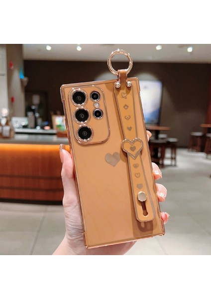 Samsung Galaxy S25 Ultra Kılıf Bileklik Kickstand Aşk Kalp Tpu Telefon Kapak Parmak Tutucu-Kahverengi (Yurt Dışından)