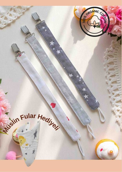 Muslin Emzik Askisi 3 Lu Set Emzik Tutucu Fular Hediyeli
