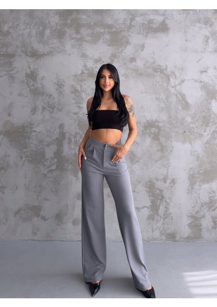 Kadın Gri Yüksek Bel Pileli Düğmeli Likralı Esnek Rahat Kalıp Palazzo Pantolon