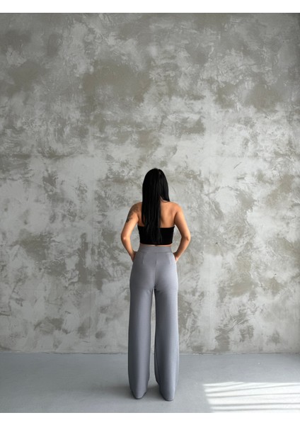 Kadın Gri Yüksek Bel Pileli Düğmeli Likralı Esnek Rahat Kalıp Palazzo Pantolon fiyatları