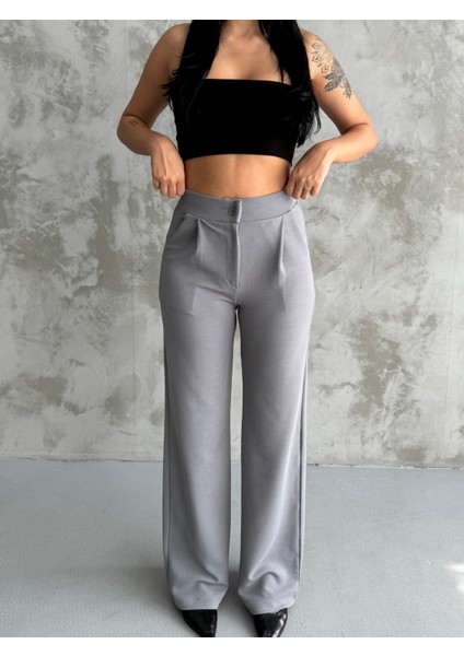 Kadın Gri Yüksek Bel Pileli Düğmeli Likralı Esnek Rahat Kalıp Palazzo Pantolon modelleri
