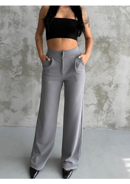 Kadın Gri Yüksek Bel Pileli Düğmeli Likralı Esnek Rahat Kalıp Palazzo Pantolon fırsatları