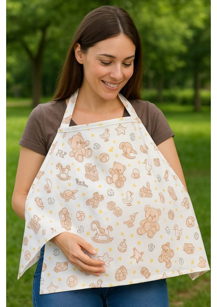 Ayıcık Desenli Emzirme Örtüsü Bebe Mavisi Renkli Pamuklu Kumaş Ayarlanabilir Askılı