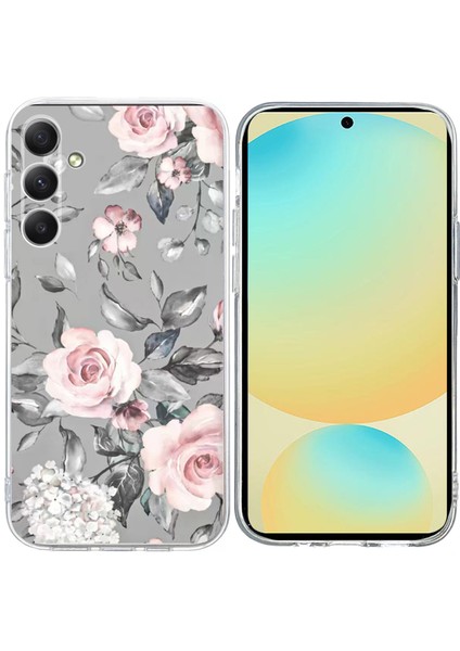 Samsung Galaxy S25 Fe Kılıf Desen Baskı Darbeye Dayanıklı Yumuşak Tpu Telefon Kapağı-Gri Arka Plan Çiçekler (Yurt Dışından)