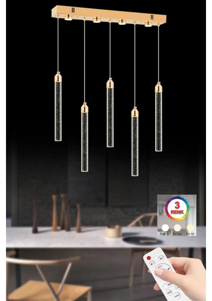 Istanbul Avize Yemek Masası Rosa 5'li Gold Üç Renk Kumandalı Ledli Lüx Modern Avize