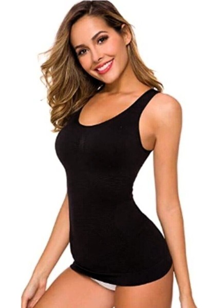 Jakarlı Kalın Askılı Toparlayıcı Korse Atlet Siyah