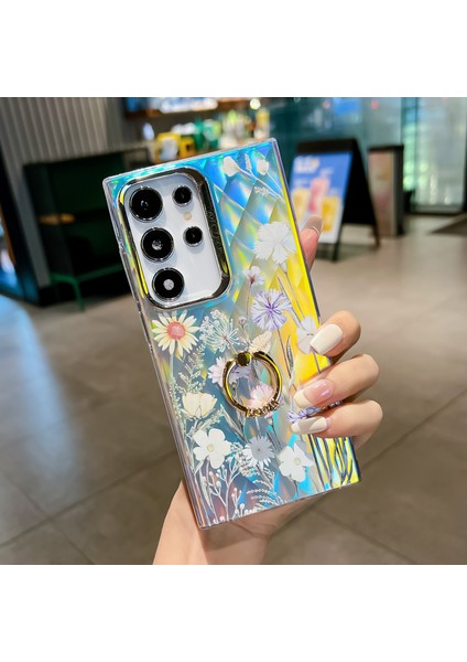 Samsung Galaxy S24 Ultra Halka Kickstand Kılıf Elektroliz Lazer Çiçek Desen Pc + Tpu Telefon Kapağı-Ah5 Için (Yurt Dışından)