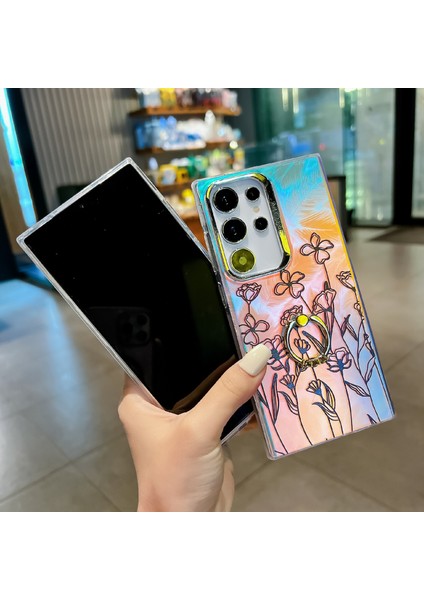 Samsung Galaxy S24 Ultra Halka Kickstand Kılıf Elektroliz Lazer Çiçek Desen Pc + Tpu Telefon Kapağı-Ah5 Için (Yurt Dışından) modelleri