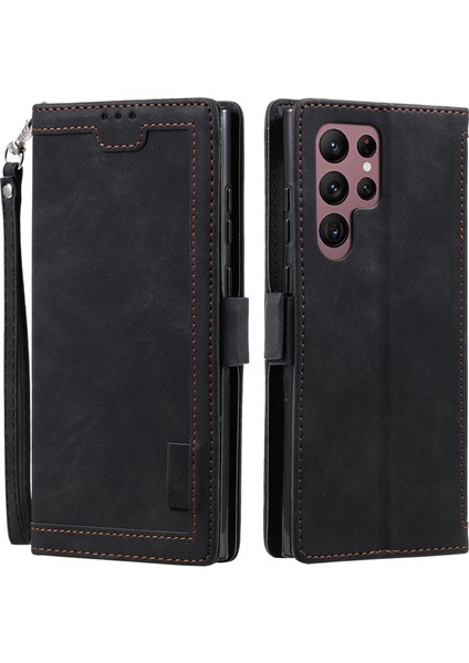 Samsung Galaxy S23 Için Ultra Retro Ekleme Stili Pu Deri Deri Şok Geçirmez Telefon Kılıfı Cüzdan Stand Folio Flip Kapak Strap-Black (Yurt Dışından)