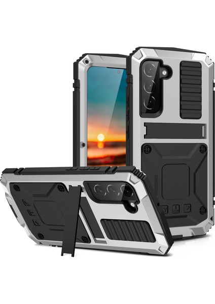 Samsung Galaxy S22 5g-Gümüş Için Metal + Silikon + Pc Düşmeyi Önleyici Toz Geçirmez Kickstand Kılıfı, Dahili Temperli Cam Lens Koruyucu ve Ekran Koruyucusu (Yurt Dışından)