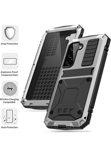 Samsung Galaxy S22 5g-Gümüş Için Metal + Silikon + Pc Düşmeyi Önleyici Toz Geçirmez Kickstand Kılıfı, Dahili Temperli Cam Lens Koruyucu ve Ekran Koruyucusu (Yurt Dışından) fiyatları