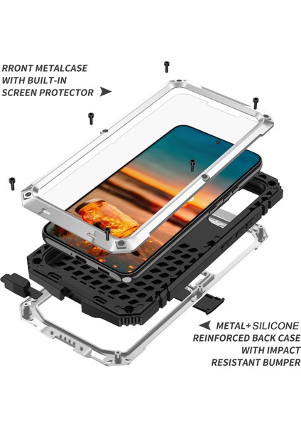 Samsung Galaxy S22 5g-Gümüş Için Metal + Silikon + Pc Düşmeyi Önleyici Toz Geçirmez Kickstand Kılıfı, Dahili Temperli Cam Lens Koruyucu ve Ekran Koruyucusu (Yurt Dışından) modelleri
