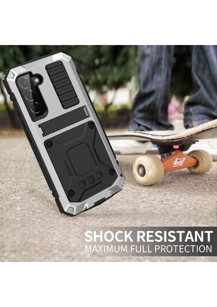 Samsung Galaxy S22 5g-Gümüş Için Metal + Silikon + Pc Düşmeyi Önleyici Toz Geçirmez Kickstand Kılıfı, Dahili Temperli Cam Lens Koruyucu ve Ekran Koruyucusu (Yurt Dışından) fırsatları
