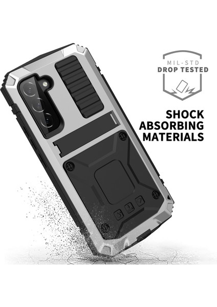 Samsung Galaxy S22 5g-Gümüş Için Metal + Silikon + Pc Düşmeyi Önleyici Toz Geçirmez Kickstand Kılıfı, Dahili Temperli Cam Lens Koruyucu ve Ekran Koruyucusu (Yurt Dışından) indirimleri