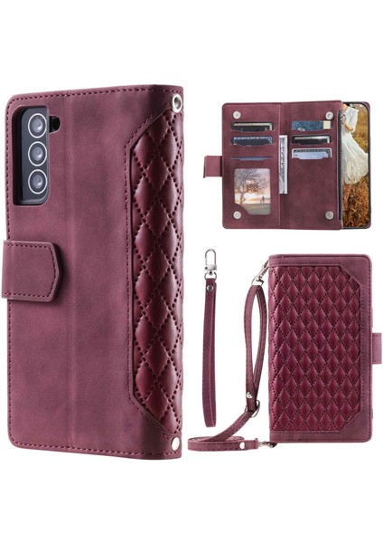 005 Samsung Galaxy Için Stil S21+5G, Damla Geçirmez Telefon Kasası Pu Deri Eşkenar Eşkenar Doku Doku Fermuar Cep Cüzdan Kapağı Standı Kayış-Wine Kırmızı ile (Yurt Dışından)