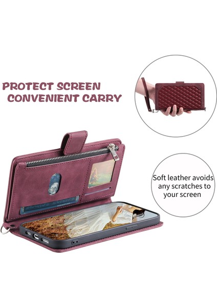 005 Samsung Galaxy Için Stil S21+5G, Damla Geçirmez Telefon Kasası Pu Deri Eşkenar Eşkenar Doku Doku Fermuar Cep Cüzdan Kapağı Standı Kayış-Wine Kırmızı ile (Yurt Dışından) fırsatları