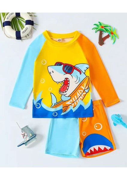 Erkek Bebek Köpekbalığı Desenli 2 Parça Mayo Takımı – Uzun Kollu Renkli Yaz Kombini