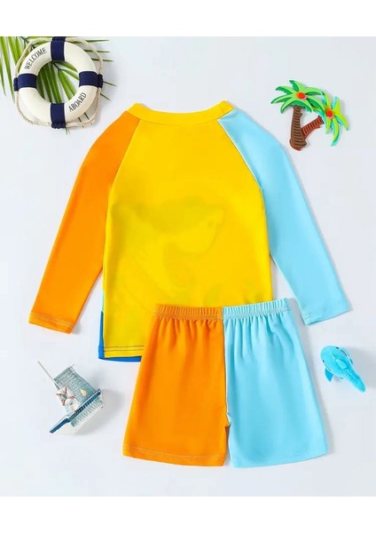 Erkek Bebek Köpekbalığı Desenli 2 Parça Mayo Takımı – Uzun Kollu Renkli Yaz Kombini fiyatları