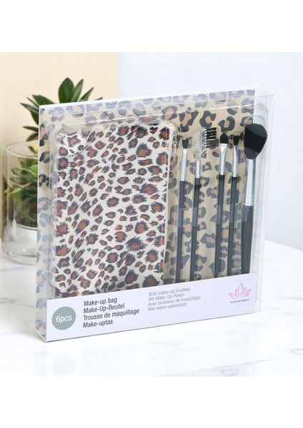 Touch Of Beauty Makyaj Fırça Seti 5'li Make - Up Brush Seti Çanta Boy & Leopar Desenli Çanta