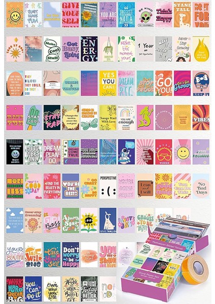 Motivasyon Sözleri Temalı 90 Adet Duvar Poster Seti, Özel Tasarım Kutulu, Oda Dekoru (GGK-K009)