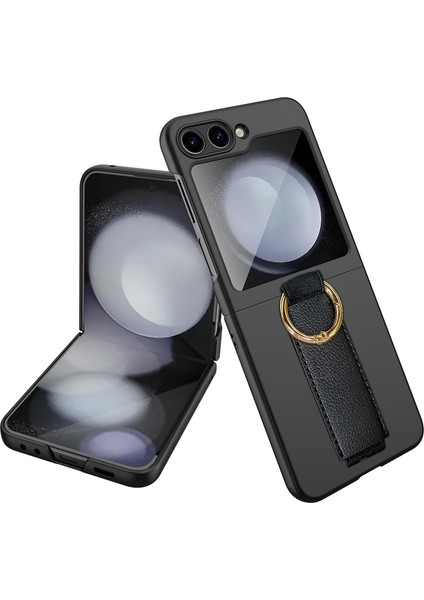 Samsung Galaxy Z Flip5 5g Halkalı Kılıf Küçük Ekran Koruyuculu Sert Pc Telefon Kapağı-Siyah (Yurt Dışından)