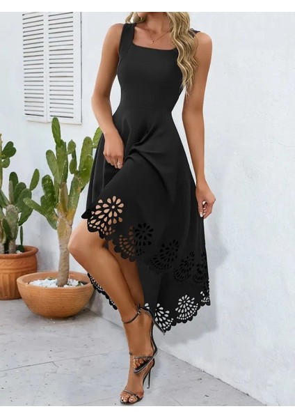 Büyük Beden Dantel Detaylı Model Rahat Likralı Ithal Krep Kolsuz Midi Boy Şık Abiye Elbise Siyah modelleri