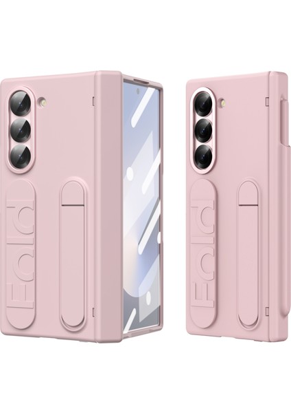 Samsung Galaxy Z Fold6 5g Kılıf Kickstand Bileklik Temperli Cam Filmli Pc Telefon Kapağı-Pembe (Yurt Dışından)